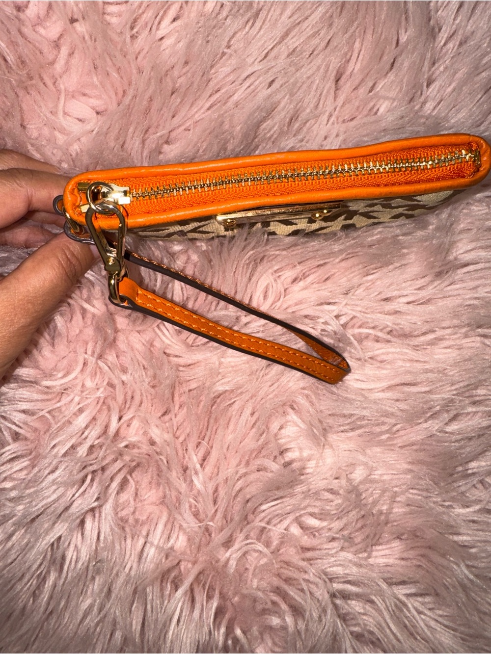 Michael Kors MK Wristlet Signature Logo Cavas Pattern with Orange Leather Trim. - Picture 3 of 7